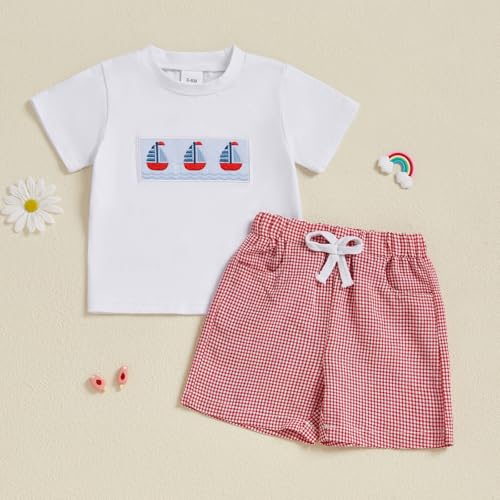 Image of 4th Of July Toddler Boy Outfit Popsicle American Flag T-Shirt and Gingham Plaid Shorts Set Independence Day Clothes