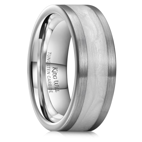 King Will 8mm Silver Tungsten Wedding Band for Men Mens Engagement Wedding Rings with White Sand Inlay Fashionable Ring for Everyday Wear Flat Pipe Cut Matte Brushed Finish Comfort Fit Size 11