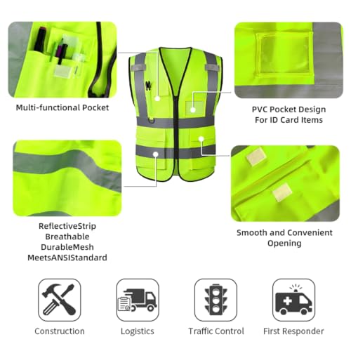 Image of High Visibility Safety Vest with Reflective Strips & Pockets | High Visibility | 360 Reflective Strips | 5 Pockets | Zipper Front | Lightweight Polyester | ANSI /ISEA 107 Class 2 Type R
