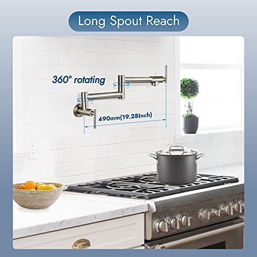 Cinwiny Brushed Nickel Pot Filler Wall Mount Kitchen Restaurant Sink Faucet Stainless Steel Stretchable Commercial Faucet With Folding Double Joint Swing Arm Single Hole Two Handles #TOP6