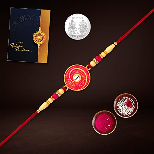 Image of Periapt Multicolor Vecor Illustrations Colorful Beads Rakhi / Bracelet (K1 540) with Silver Color Pooja Coin, Tilak Set & Greeting Card, Rakhi Set for brother, Fancy Rakhi for brother, bracelets for men stylish, handmade rakhi, chandi ki rakhis, Men bracelet, online Rakhi combo, Men bracelet, Set of 1