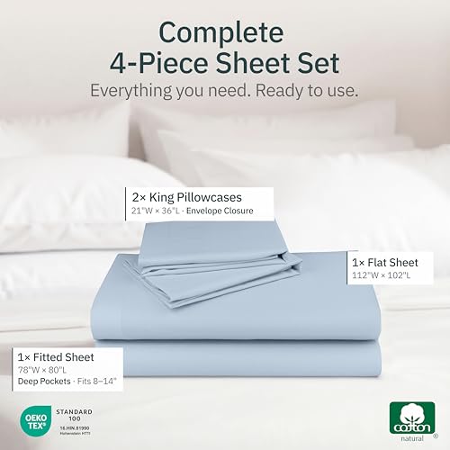 Image of Super Soft 100% Cotton King Sheets Deep Pocket, 4 Pc Set, Sky Blue | Lightweight & Breathable For Hot Sleepers, 14 inch Deep Pocket, All-Around Elastic, Durable, Easy Care, OekoTex Certified