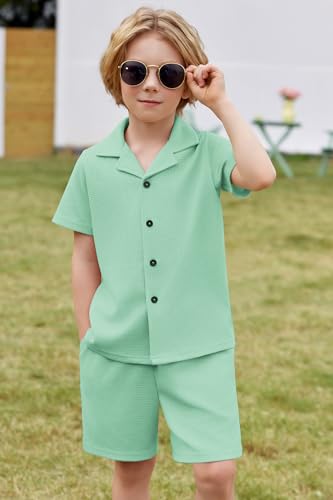 Image of Arshiner Toddler Boys 2 Piece Summer Outfits Waffle Knit Short Sleeve Button Down Shirt & Casual Shorts Sets Size 2-7