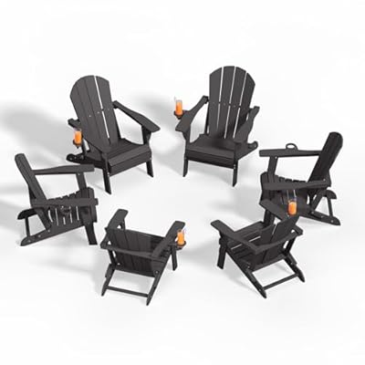 Patio Kingdom Folding Adirondack Chairs with Cup Holders, Set of 6 HDPE Plastic Outdoor Chairs, Weather Resistant, Real Wood Look, Heavy-Duty Patio Furniture for Deck, Fire Pit, Backyard, Black