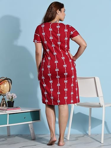 Image of 9shines Label Hosiery Cotton Knee Length Short Night Dress | Short Nighty for Women with Pocket | Graphic Print Nightwear | Night Gown for Women (M-7XL)