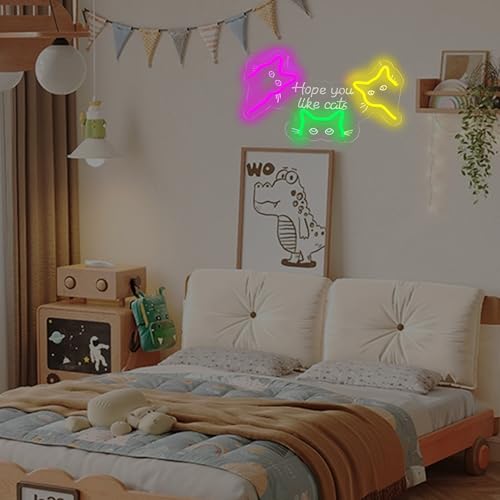 Image of Hope You Like Cats Neon Sign, USB Powered Cat LED Light Decor | Cute Cat Wall Decor for Bedroom, Kids Room, Game Room, Halloween Party and Cat Lovers Gift