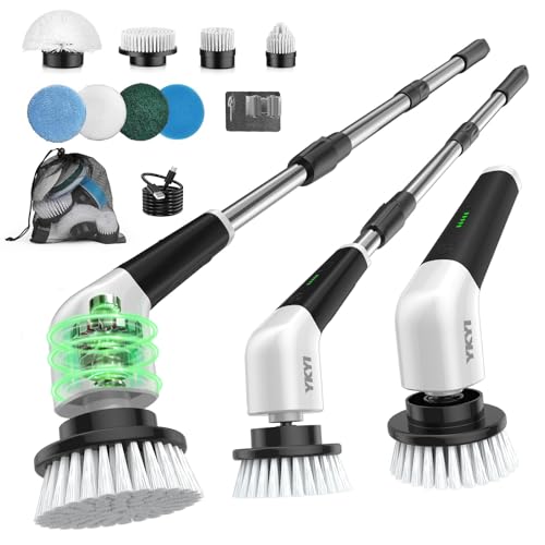 YKYI Electric Spin Scrubber- Cordless Electric Cleaning Brush Shower Scrubber 2 Speeds 8 Brush Heads IPX7 Waterproof Adjustable Long Handle for Bathroom Tub Tile and Car