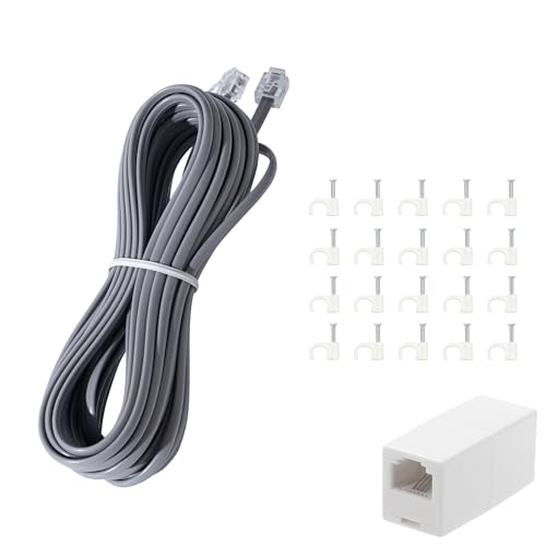 ZTOXLR Phone Extension Cord 25 FT Long Phone Cable Line Wire, with Standard RJ11 Plug andIncludes Telephone Inline Coupler RJ11 Splitter and 20 Cable Clip Holders, Grey