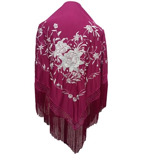 BRANDELIA Mantoncillos de flamenca mujer Mantones bordados y lisos Mantón pico grande típico para la Feria de Abril Sevilla baile flamenco o sevillanas, Buganvilla Bordado Blanco (175 x 85cm)
