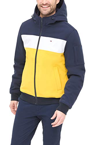 Image of Tommy Hilfiger Men's Soft Shell Fashion Bomber With Contrast Bib and Hood