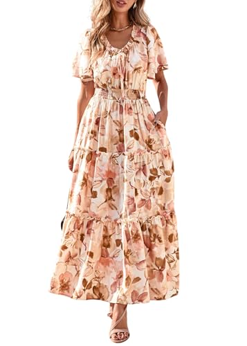 KIRUNDO Womens Summer Boho Floral Maxi Dress Flutter Short Sleeve V Neck Ruffle Tiered Flowy Beach Wedding Guest Dresses