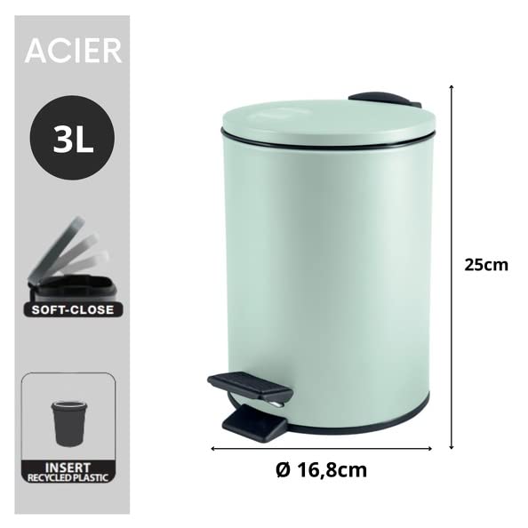 Spirella Adelar Bin 3 Litres Stainless Steel with Automatic Close and Inner Bucket, Soft Close, Matte Green - Image 3