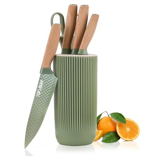 Chef Knife Set with Block, 6-Piece Kitchen Knives Set with Sharp Blades, Professional Knife Set with Ergonomic Handle, Non-Stick Stainless Steel Knife Block Set (Green)