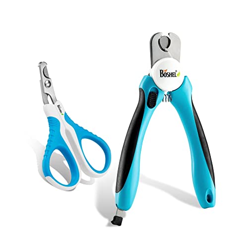 BOSHEL Dog Nail Clipper and Cat Nail Clipper Set - Dog Nail Trimmers with Safety Guard & Razor-Sharp Blades & Extra Bonus File - Cat Nail Trimmers with Easy-View Angled Blade - Comfy Ergonomic Handles