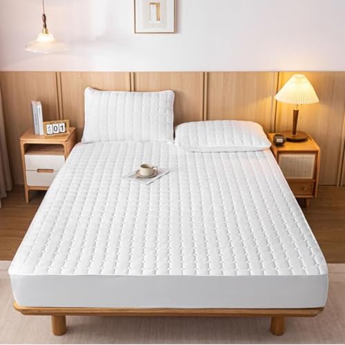 Tolldek Weiß Spannbettlaken Jersey, Einfarbig mit Kariert Muster Bettlaken mit Gummizug Polyester, Matratzenschutz Tagesdecken Betthusse für Boxspringbett und Wasserbett, 180x200cm