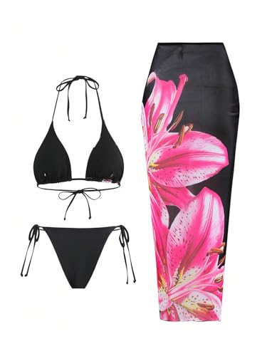 GORGLITTER Women's 3 Piece Swimsuits Floral Print Halter Triangle Tie Side Bikini Set with Cover Up Skirt2