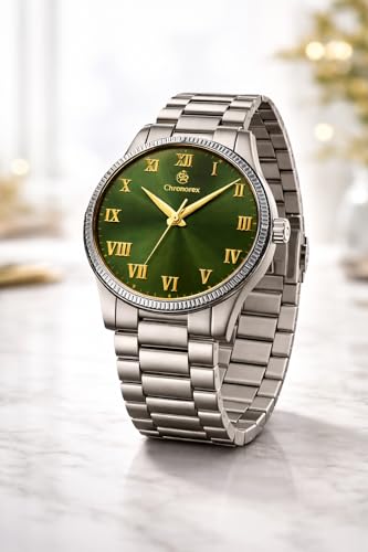 Image of Luxury Green Dial Watch for Men - Silver Stainless Steel Chain, Roman Numerals, Vastu & Astrology Recommended