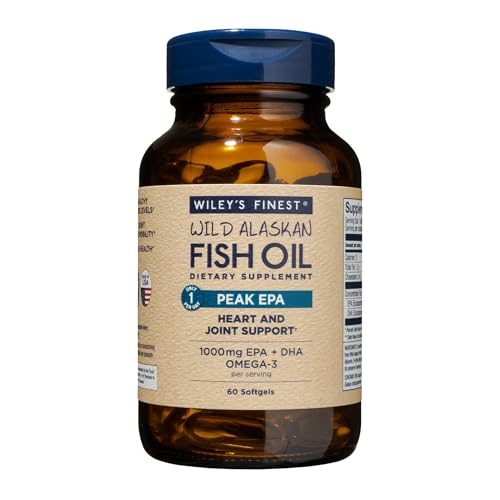 Wileys Finest Wild Alaskan Fish Oil Peak EPA - Triple Strength Peak EPA & DHA Supplement - 1000mg Fish Oil - Omega-3s for Joint Health Support - 60 Softgels (60 Servings)
