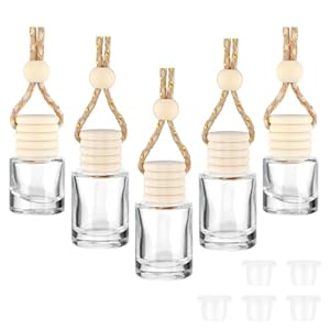 KALIONE 5 Pieces Refillable Hanging Car Air Freshener Diffuser, 8ml Empty Glass Essential Diffuser Oils Aromatherapy Bottle Clear Perfume Pendant Bottles for Home Car Hanging Decorations
