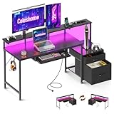 Coleshome Scrivania Gaming con LED e Prese, 140x48cm Scrivania con 2 Cassetti, Tavolo Computer Reversibile con Supporto Monitor e Vassoio per Tastiera Ufficio Casa, Nero