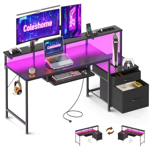 Coleshome Scrivania Gaming con LED e Prese, 140x48cm Scrivania con 2 Cassetti, Tavolo Computer Reversibile con Supporto Monitor e Vassoio per Tastiera Ufficio Casa, Nero