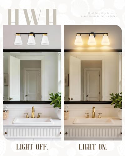 Image of Bathroom Vanity Light, HWH 3-Light Wall Light Fixture for Bathroom Bedroom, Black and Gold Vanity Lights with Frosted Milk White Striped Glass, 5HZG97B-3W BK+BG