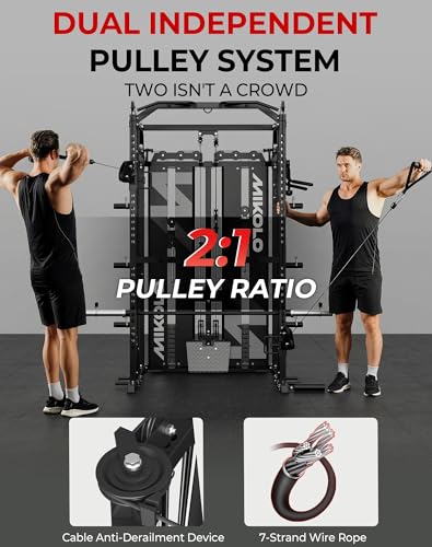 Image of Mikolo Smith Machine with Weight Stack, Power Cage Home Gym System with LAT Pulldown & Cable Crossover, Multi-Functional Trainer with Dual Pulley System, Includes 10+ Free Attachments