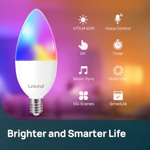 Linkind Matter Smart Bulbs, E12 Led Bulb Works with Alexa, Smart Light Bulbs, AiDot WiFi Candelabra Bulbs, RGBTW Color Changing Light Bulb, 2.4Ghz Only, 470 LM, 2 Pack