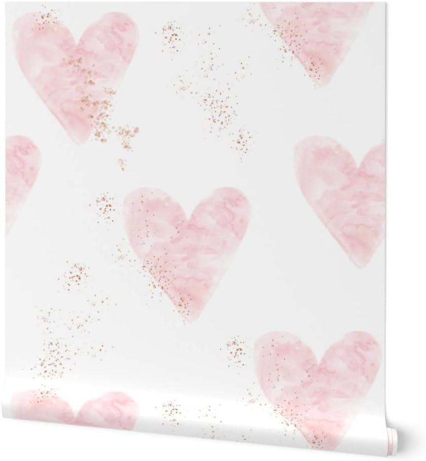 Spoonflower Removable Wallpaper 6ft x 2ft - Pink Pastel Watercolor Gold Copper Hearts Heart Floral Custom Pre-Pasted Wallpaper