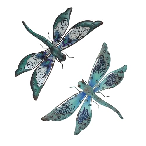 LIFFY Glass Metal Dragonfly Wall Decor Pair - Outdoor Wall Art for Garden and Home - Hanging Decor Gifts for Women, Light Blue