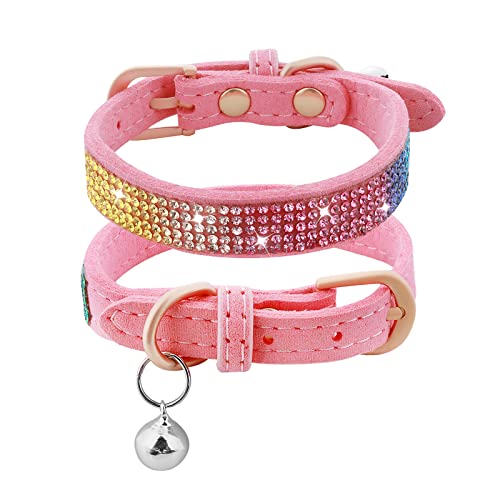 TIESOME Collar de gato de diamantes de imitación con campanas, collares de gatitos, collares de cuero para gatos pequeños, collares ajustables para mascotas, gatos pequeños, perros pequeños (rosa, XS)