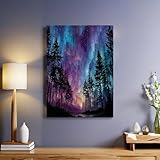 Aquarellmalerei Leinwandbild 70 x 50 cm Wälder und die Nordlichter Wanddeko Gerahmt Leinwanddruck Modernes Poster für Badezimmer Toilette Schlafzimmer