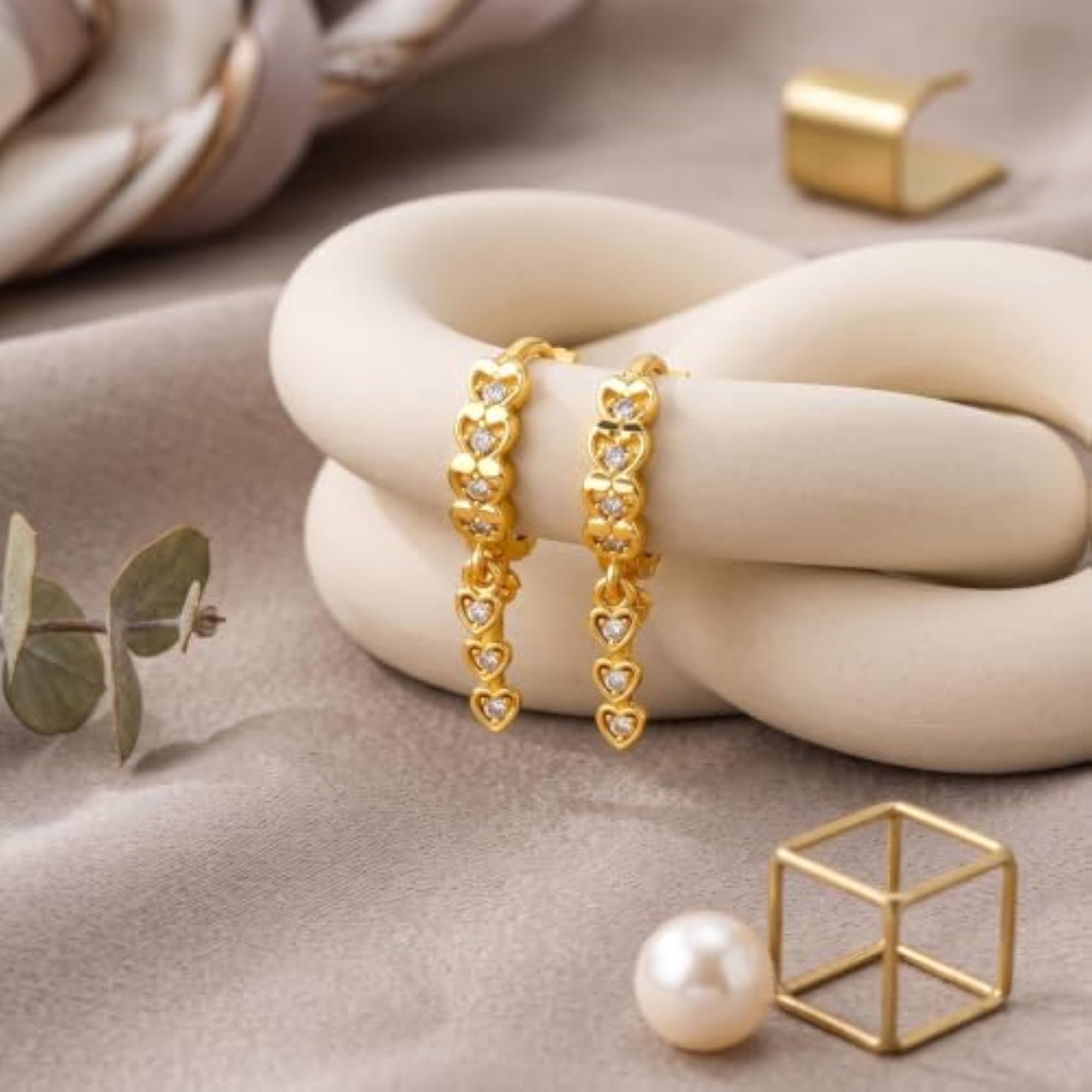 Women's Gold Heart Hoop Earrings with Dangling Charm