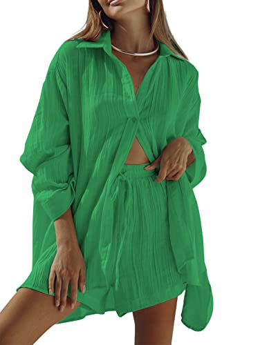 Image of Fixmatti Women 2 Piece Outfits Long Sleeve Button Down Blouse and Shorts Sweatsuit Sets