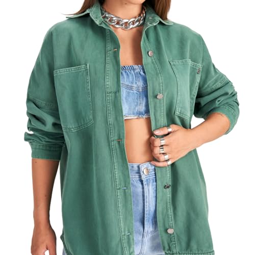 Jaqueta Jeans Feminina Longa Oversized Camisão Inverno (BR, Alfa, P, Regular, Regular, Verde)