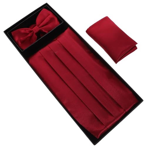 Set de fajín, corbatín y pañuelo de bolsillo para hombre en satén burdeos