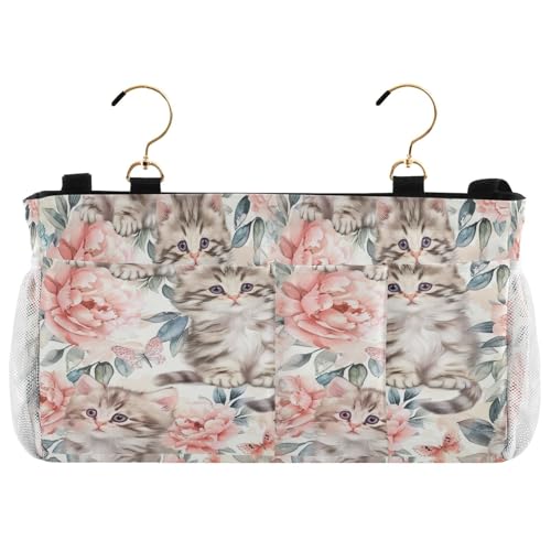 Jihqo Bedside Caddy Hanging Storage Bag Cats and Flowers Bedside Organizer Caddy for Bunk, Dorm Room, Hospital Beds - Place Magazines / Remotes / Keys