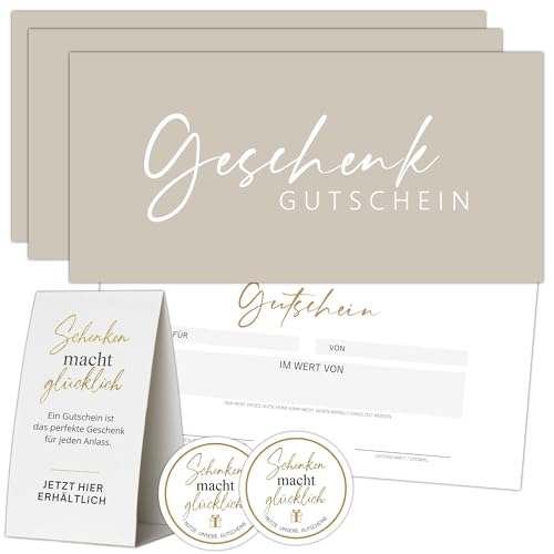 Eummel 50 Blanko Gutscheine zum selber Ausfüllen | Inkl. Aufsteller und Aufkleber | Premium Druck | Ideal für Friseur Kosmetik Massage etc. | Gutscheinkarten Geschenkgutscheine