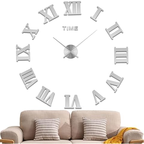 LIDNADY Roman Numerals DIY Wall Clock, Frameless, Large Modern Design, Silver, Adjustable Size, Easy to Install Cover