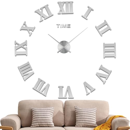 LIDNADY Roman Numerals DIY Wall Clock, Frameless, Large Modern Design, Silver