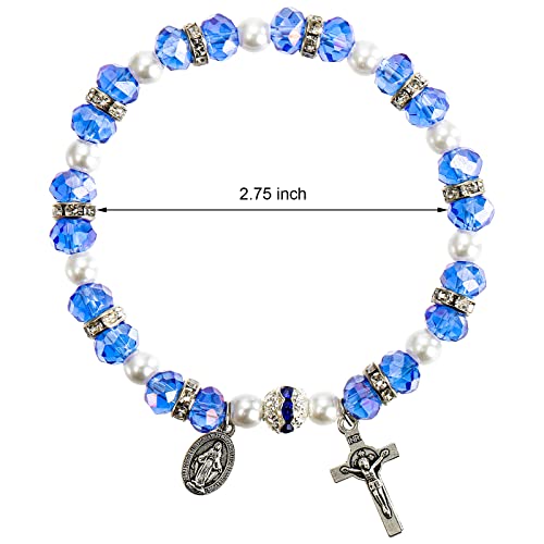 Coloch 6 Pack Women's Rosary Bead Stretch Bracelet, Crystal Cross Bracelet with Crucifix and Miraculous Medal, 3 Colors2