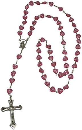 22" Imported Italian 8mm Heart Shape Etched Pink Color Bead Rosary