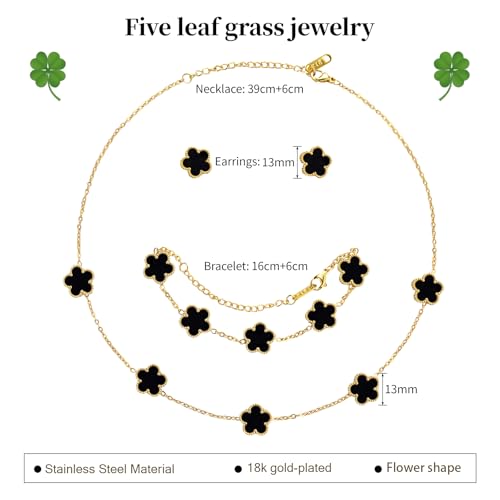 AmorArtSky Lucky Clover Jewelry Set - 18K Gold Plated Flower Design Five Leaf Bracelet, Necklace Pendant, Earrings for Women - Lucky Gifts for Mom, Wife, Daughter, Friends2