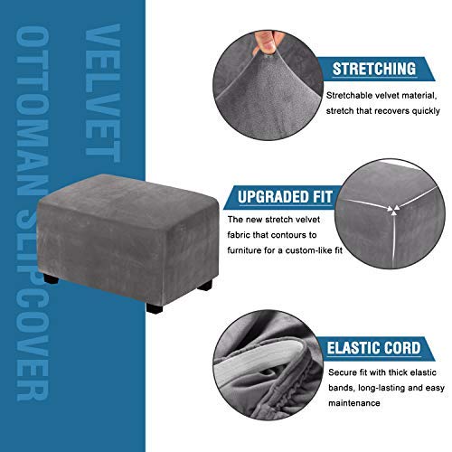 H.versailtex Real Velvet Plush 1 Piece Form Fit Stretch Rectangle Folding Storage Covers Ottoman Slipcovers Removable Footstool Protect Footrest Covers Elastic Bottom, Machine Washable(Large, Grey) #TOP2
