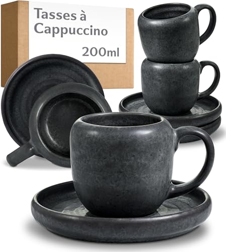 Cosumy Tasse à Cappuccino Set de 4 – 200 ml – Tasse à Café en Céramique Noire – Tasses à Café Élégantes – Résistantes à Haute Température – Design Artisanal