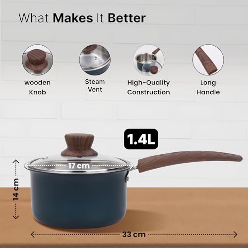 Image of The Better Home Triply Saucepan (16cm, 1.4L) with Lid (Blue) | 2.5mm Thickness | Tea Saucepan | Milk Boiling Pot | Gas & Induction Cookware | Cooking Pot (Blue)