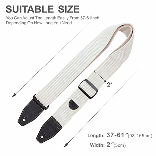 Yikoko Guitar Strap, 2" Corduroy Full Grain Leather End Guitar Straps For Bass, Electric And Acoustic Guitars, Complimentary Strap Button, 1 Pair Of Strap Locks And 4 Guitar Picks - White #TOP6