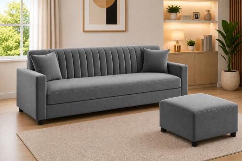 Image of 3 Seater Sofa with Ottoman | Modern Upholstered Couch | Vertical Channel Tufted Backrest | Comfortable Cushioned Seating | Contemporary Sofa Set for Living Room & Office - Grey Color
