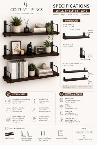 Image of Wooden Wall Shelf for Books | Wall Mounted Bookshelf for Living & Bedroom | Floating Wall Bookshelf | Book Shelf Wooden Wall Mounted | Decorative Wall Shelf Rack Brown, 16X6X6,Set of 3