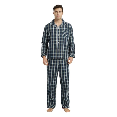 Vulcanodon Mens Cotton Pajama Set, Button Down Woven Pajama Set for Men Plaid Men's Sleepwear